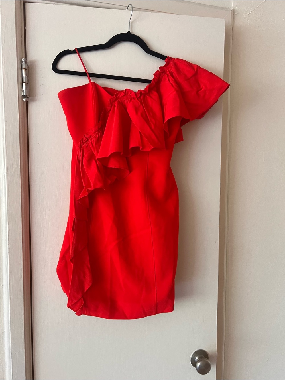 cinq a sept Red One-Shoulder Ruffle Mini Dress